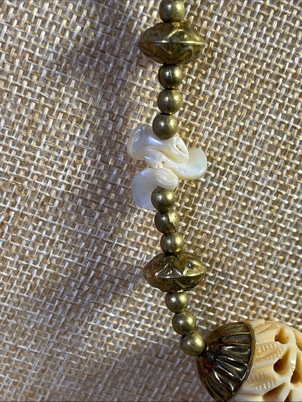 Vintage brass bead necklace w/ natural mother of pearl chips & carved pendant - Picture 3 of 5